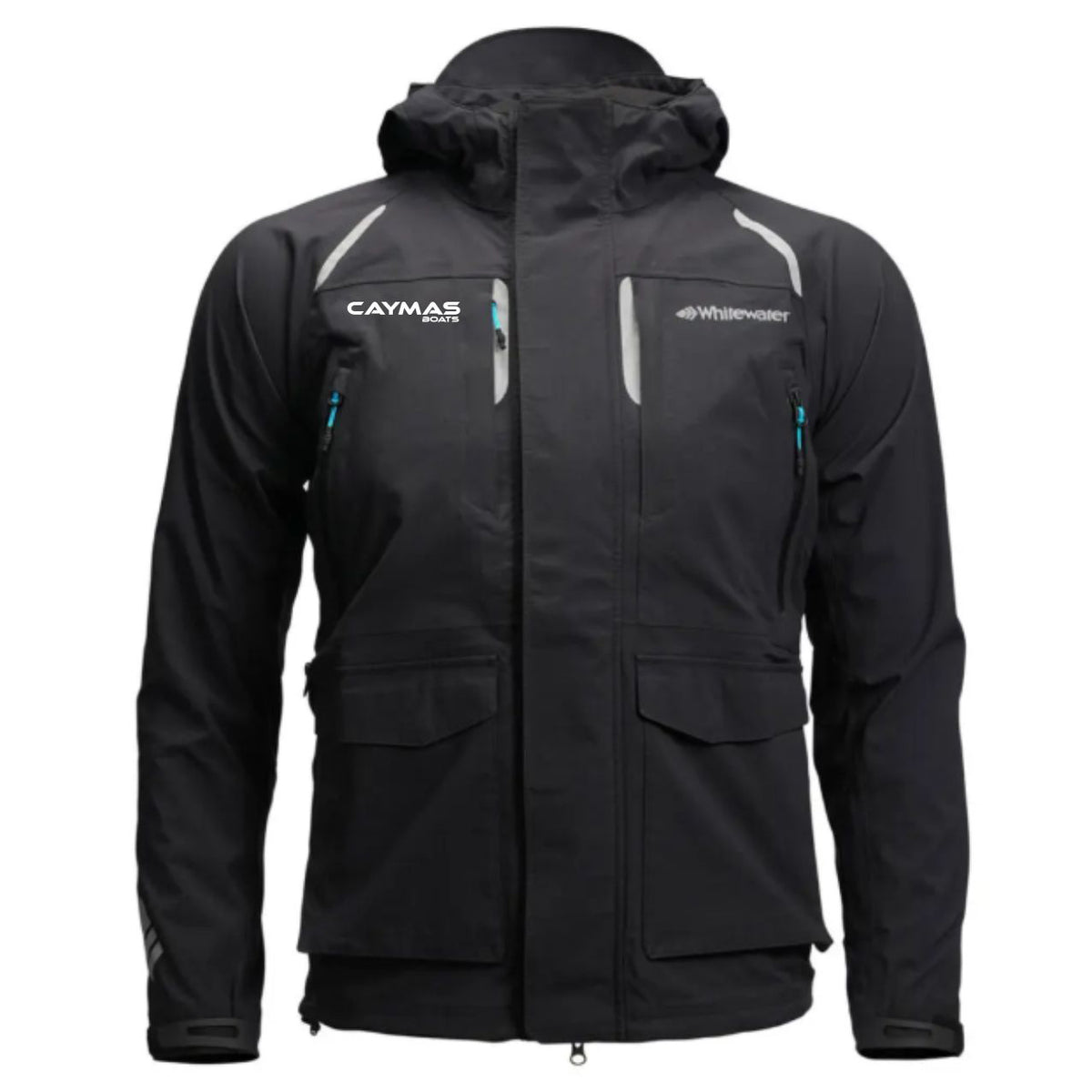 A black jacket with a hood, featuring light gray reflective-style trim, zippered pockets, and white brand logos for Caymas and Whitewater on the chest.