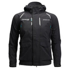 A black jacket with a hood, featuring light gray reflective-style trim, zippered pockets, and white brand logos for Caymas and Whitewater on the chest.