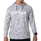 A man wearing a long-sleeve hooded shirt with a gray and white camouflage pattern and 'CAYMAS BOATS' printed in white across the chest.