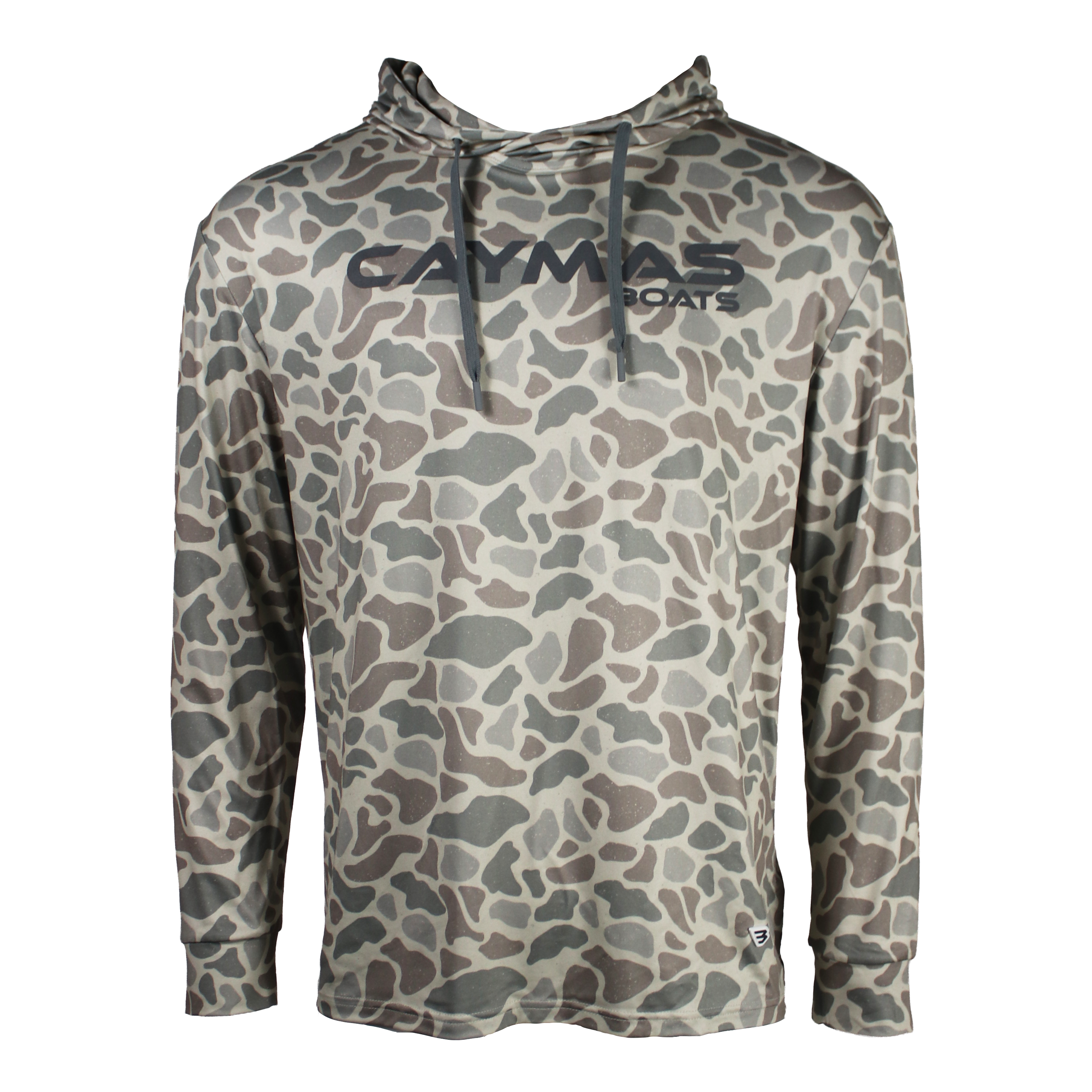 Brown and grey camouflage hooded long sleeve with a grey 'Caymas Boats' logo on the chest. 
