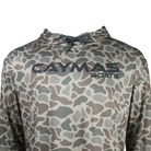 Close up of a brown and grey camouflage hooded long sleeve with a grey 'Caymas Boats' logo on the chest. 