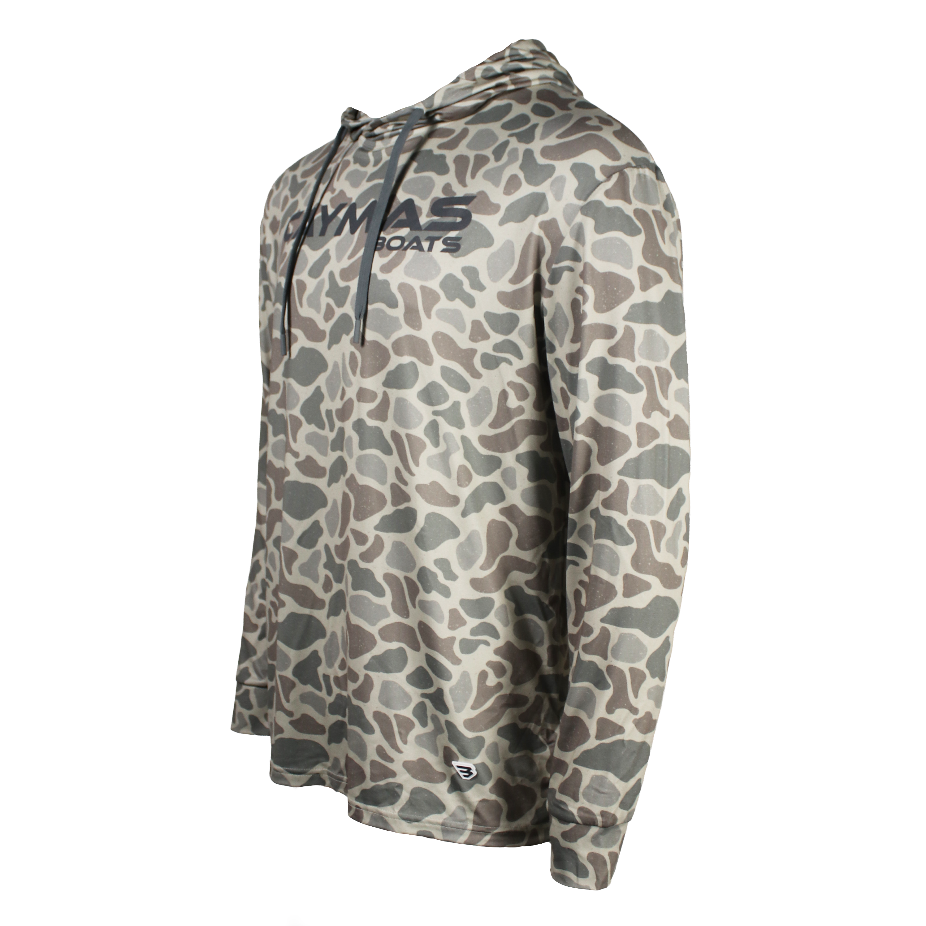 Side of a brown and grey camouflage hooded long sleeve with a grey 'Caymas Boats' logo on the chest. 