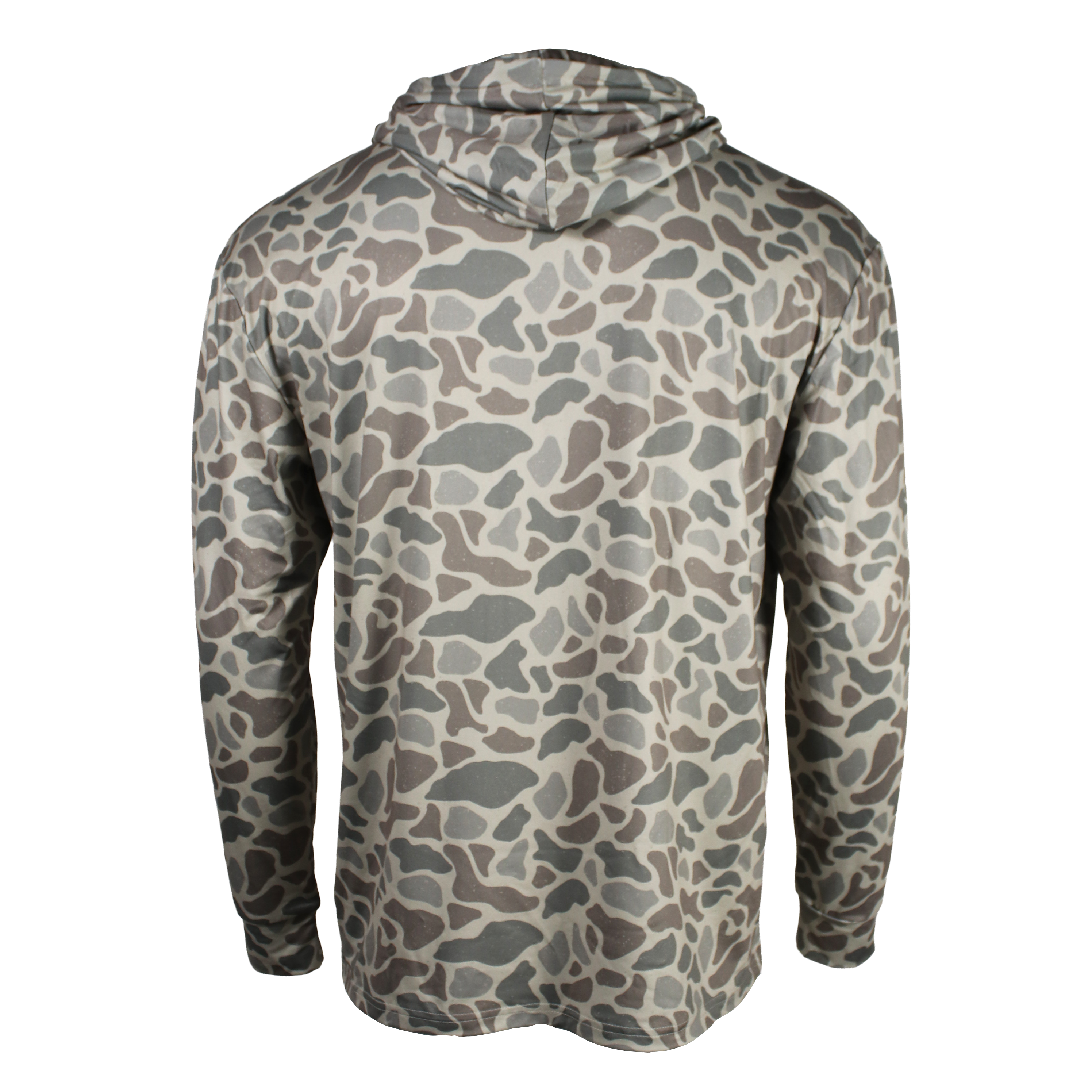 Back of a brown and grey camouflage hooded long sleeve.