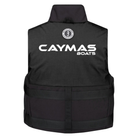 Back of a black life vest with a white 'Caymas Boats' logo across it.