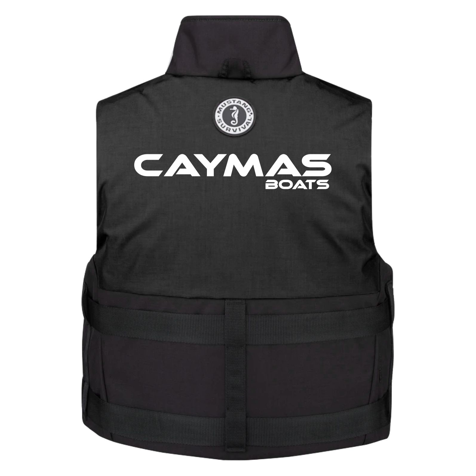 Back of a black life vest with a white 'Caymas Boats' logo across it.