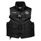 Front of a black life vest with a white 'Caymas Boats' logo on the right chest and a mustang survival patch on the left chest. 