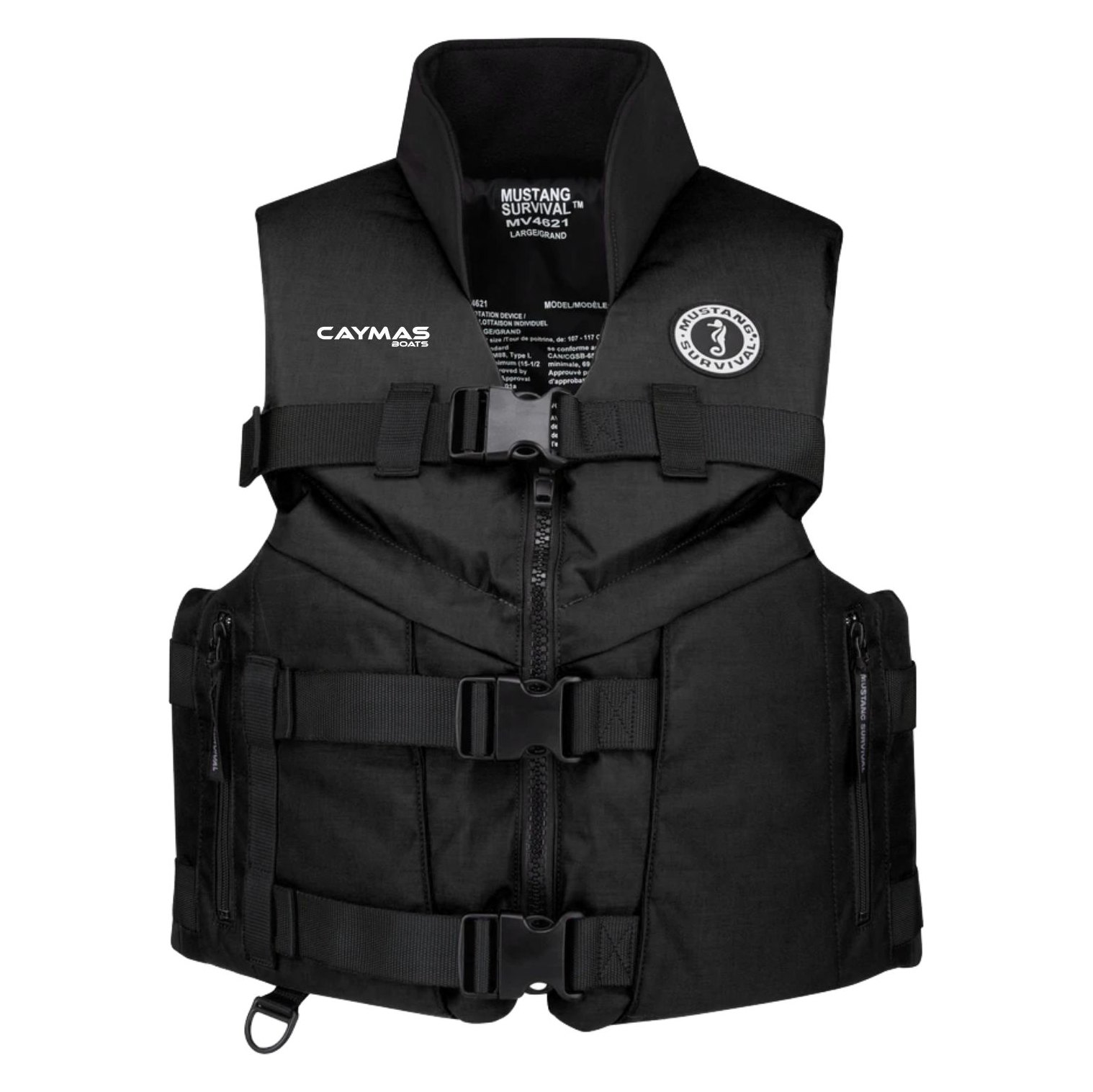 Front of a black life vest with a white 'Caymas Boats' logo on the right chest and a mustang survival patch on the left chest. 