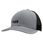 Gray and black cap with a black logo on the right side panel.