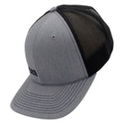 Side of a light grey and black cap.