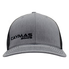 Front of a light grey and black cap with a black 'Caymas Boats' logo on the front right panel.