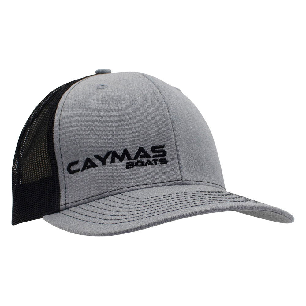 Right side of a light grey and black cap with a black 'Caymas Boats' logo embroidered on the front.