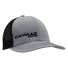 Right side of a light grey and black cap with a black 'Caymas Boats' logo embroidered on the front.