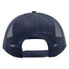 A navy-blue cap with a mesh back and an adjustable snapback closure.