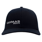 Front of a navy-blue cap with a white 'Caymas Boats' logo on the front right panel.