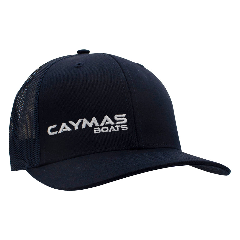 Right side of a navy-blue cap with a white 'Caymas Boats' logo embroidered on the front.