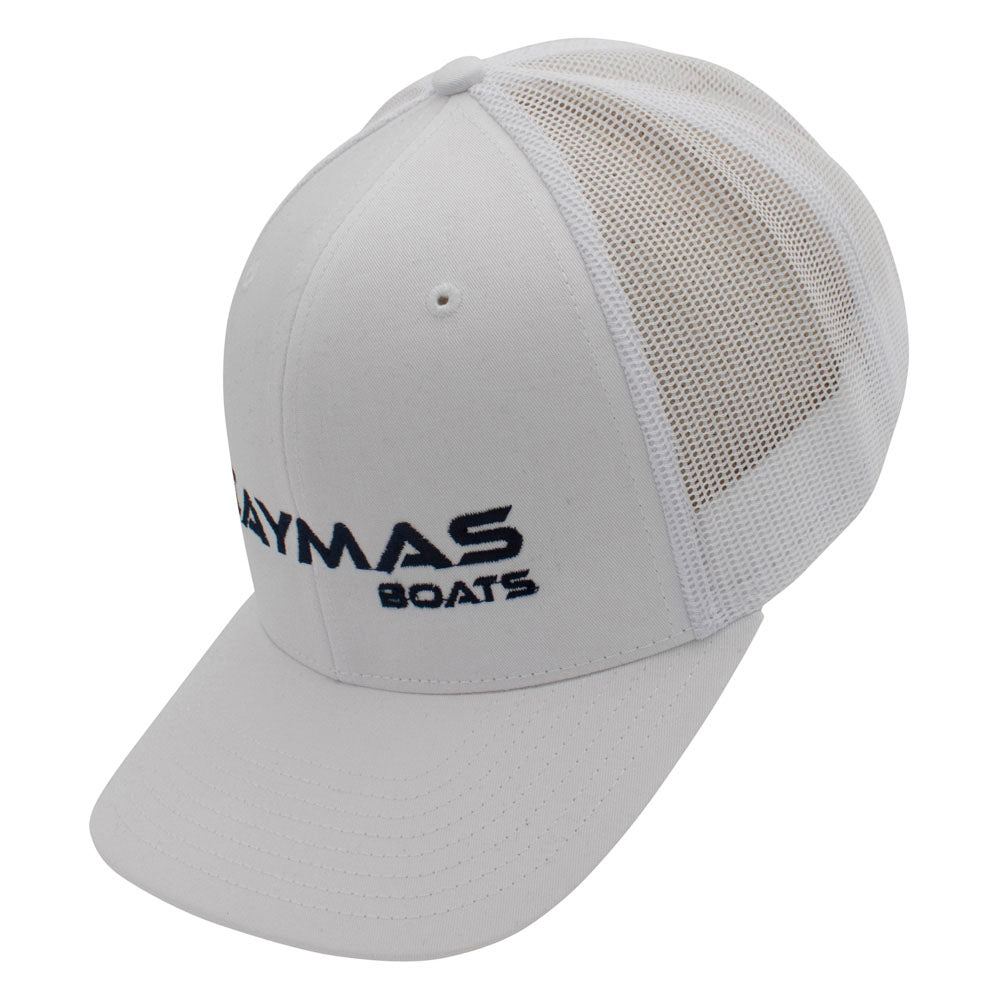 Side of a white cap with a black 'Caymas Boats' logo embroidered on the front.