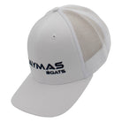 Side of a white cap with a black 'Caymas Boats' logo embroidered on the front.