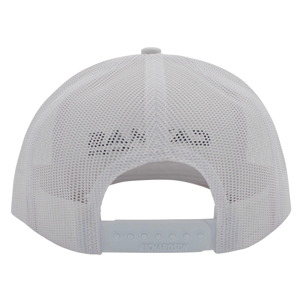 A white cap with a mesh back and an adjustable snapback closure.