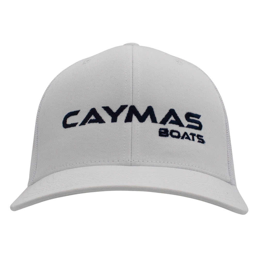 Front of a white cap with a black 'Caymas Boats' logo on the front.