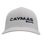 Front of a white cap with a black 'Caymas Boats' logo on the front.
